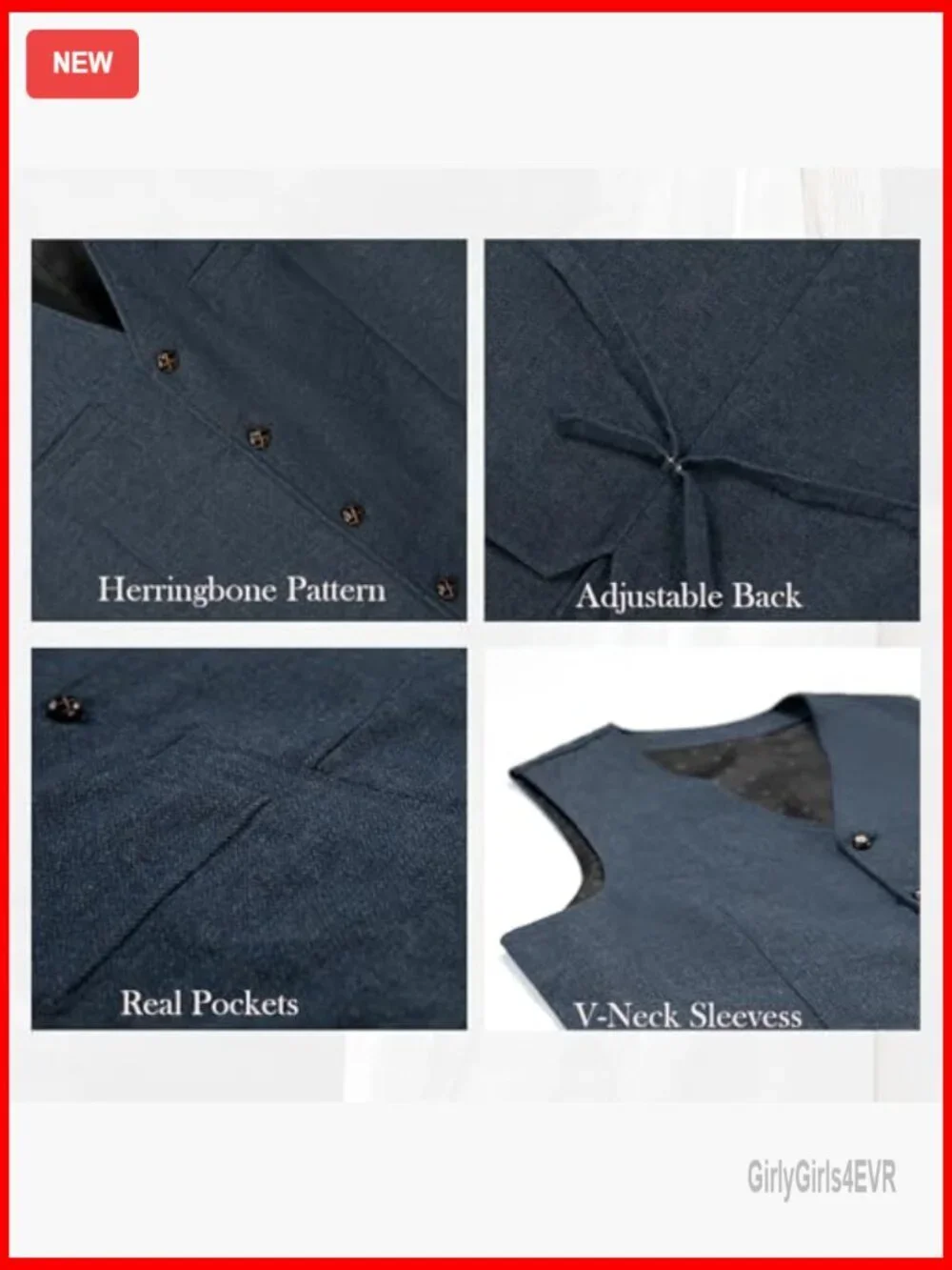 Men's Slim Fit Wool Tweed Vest V-Neck 5 Button Adjustable Back